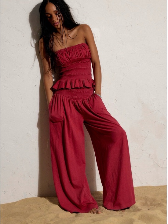 Free People Other - Free People Strapless Smocked Wide-Leg Jumpsuit in Burgundy